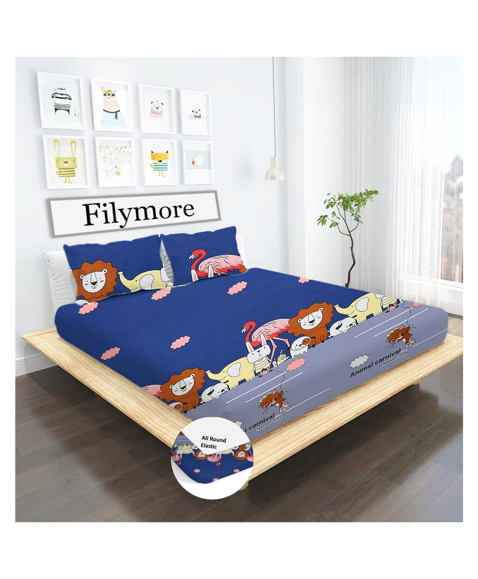 Filymore animal carnival Elastic Fitted bedsheet for double bed made with pure microfiber 1 bedsheet and 2 pillow cover Size 72x72inches fit up to 6inches mattres Colour Blue-picture-25