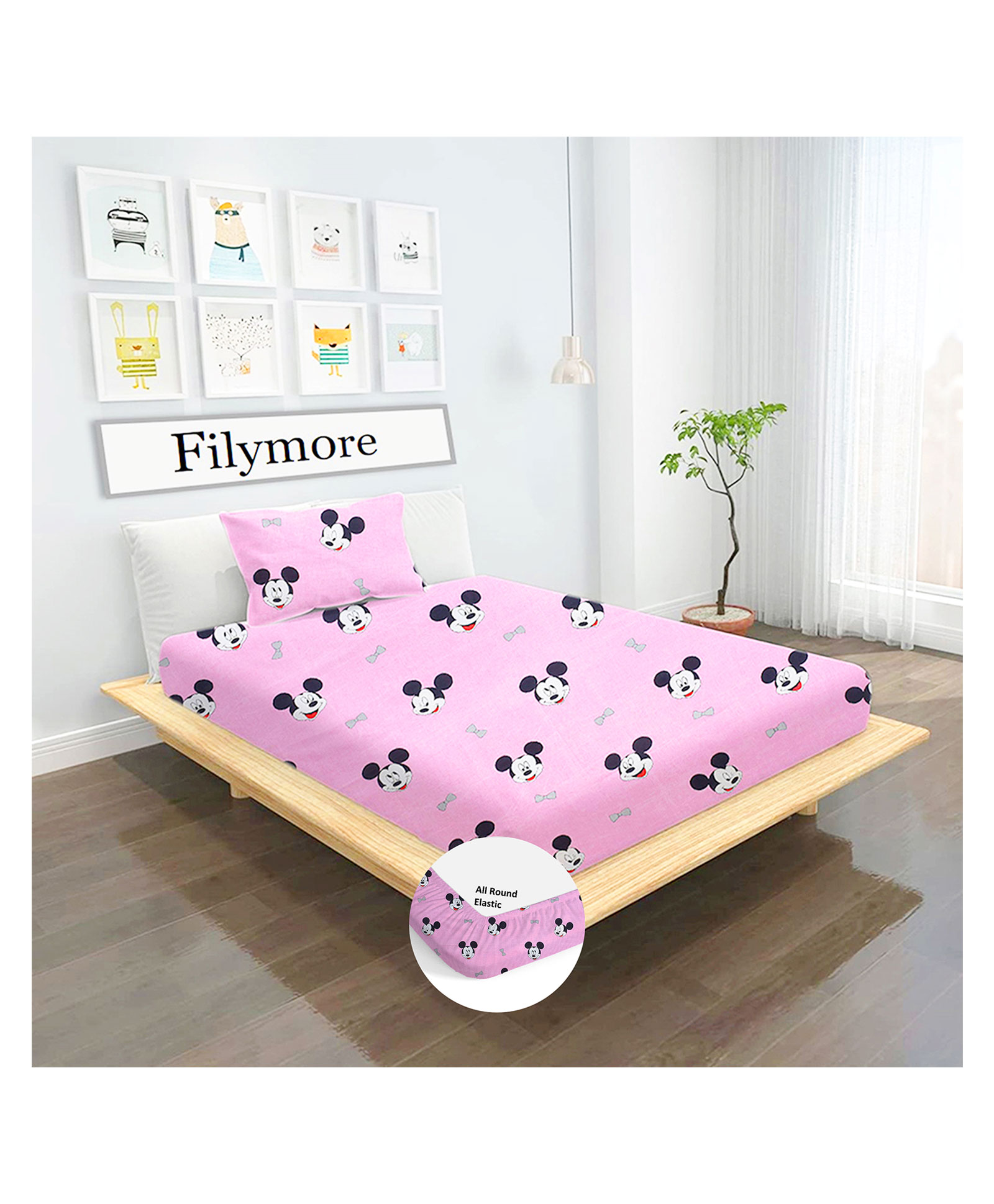 Filymore Mickey mouse Elastic Fitted bedsheet for single bed made with pure microfiber 1 bedsheet and 1 pillow cover Size 36x72 inches fit up to 6 inches mattres Colour Pink and Black-image-41