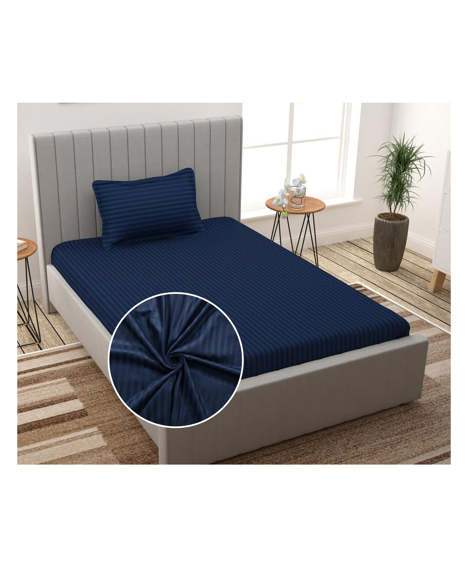 Filymore plain solid Stripe  single bedsheet with one pillow cover made with pure microfiber bedsheet size 90x60 pillow size 17x27 colour navy blue-picture-35
