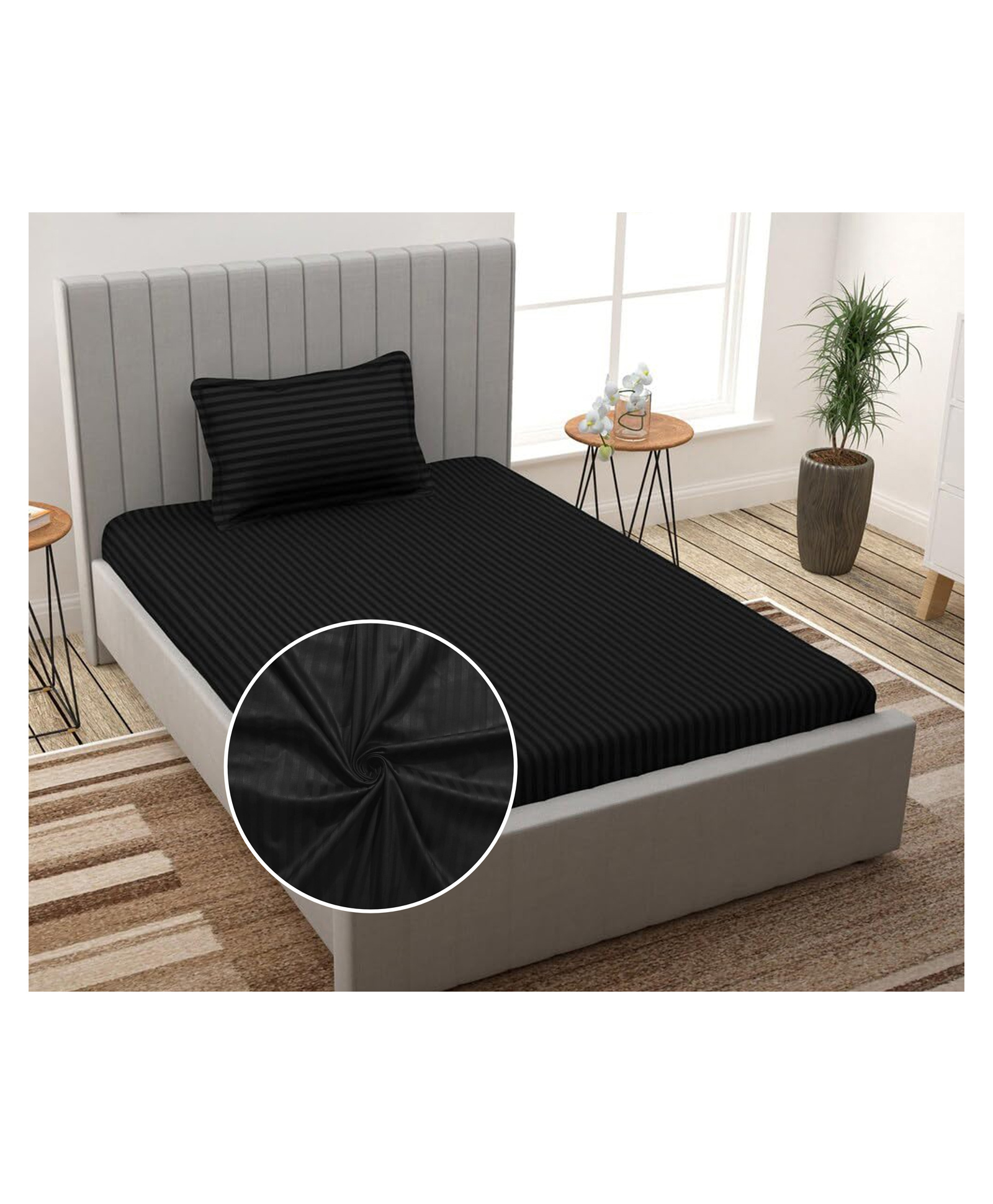 Filymore plain solid Stripe  single bedsheet with one pillow cover made with pure microfiber bedsheet size 90x60 pillow size 17x27 colour black-picture-33