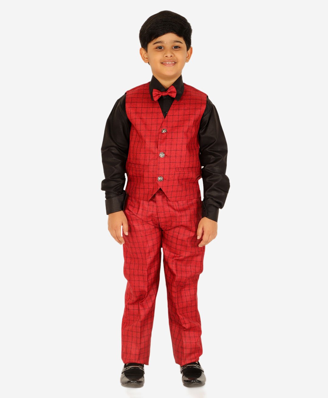 P-MARK Full Sleeves Checked Shirt Pant Waistcoat And Bow Tie 3 Piece Set - Red-image-26