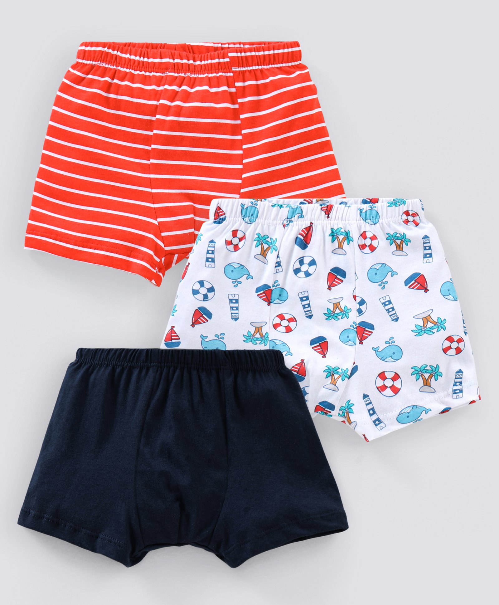 Babyhug 100% Cotton Striped & Whales Print Briefs Pack of 3 - Red White & Navy-picture-13