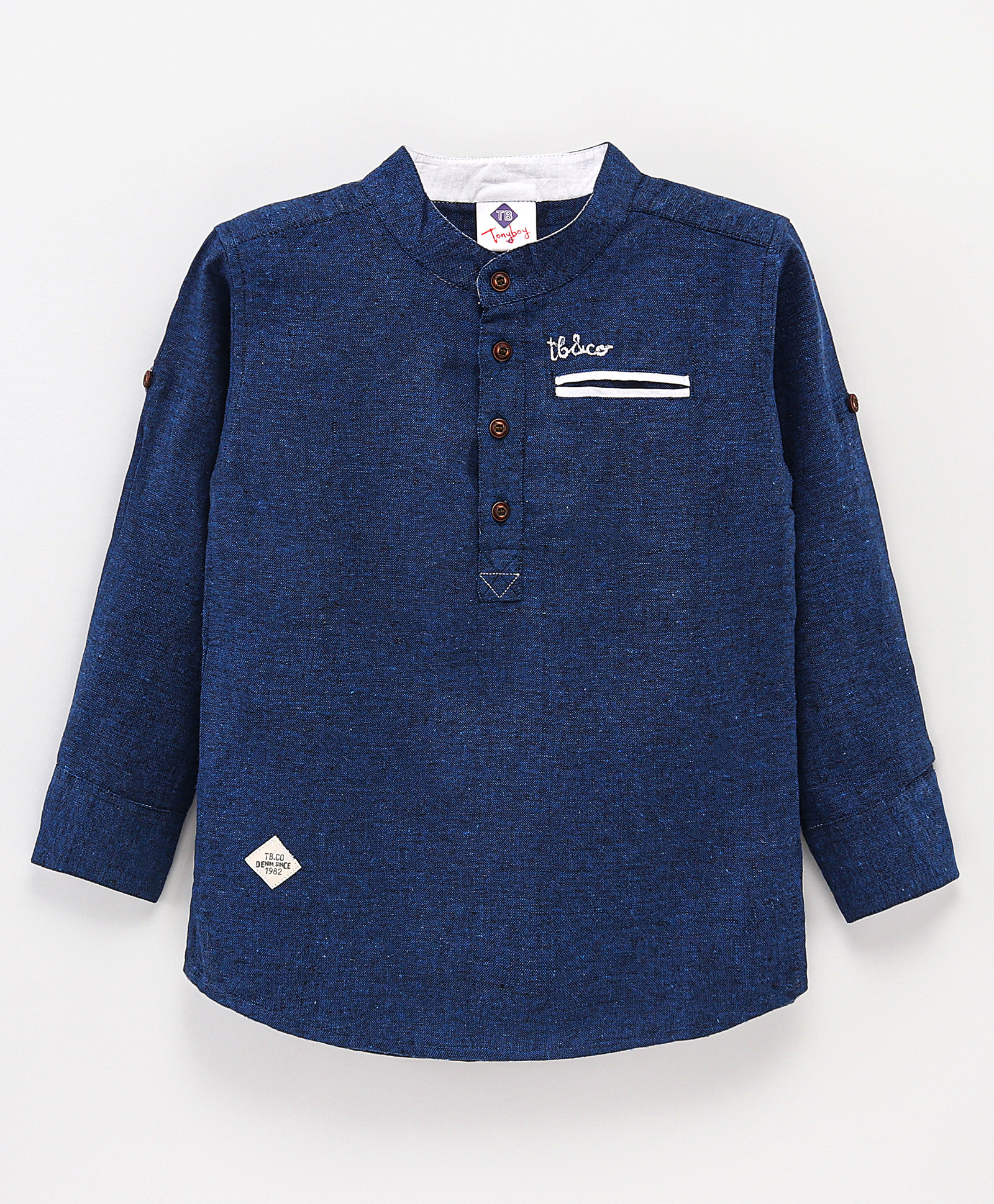 TONYBOY Full Sleeves Placement Embroidered Shirt Style Kurta - Blue-image-17