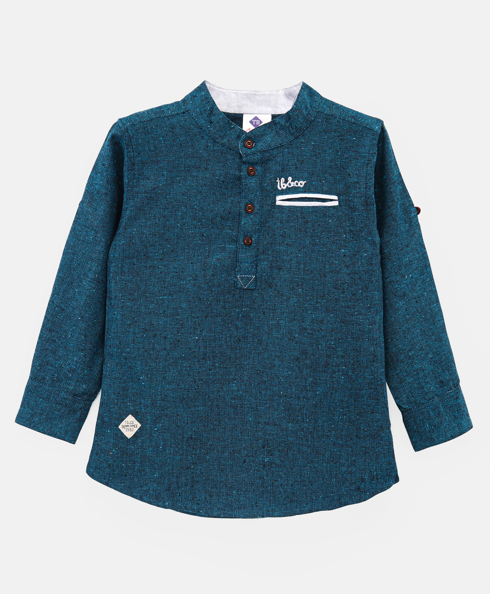 TONYBOY Full Sleeves Placement Embroidered Shirt Style Kurta - Teal Blue-image-40