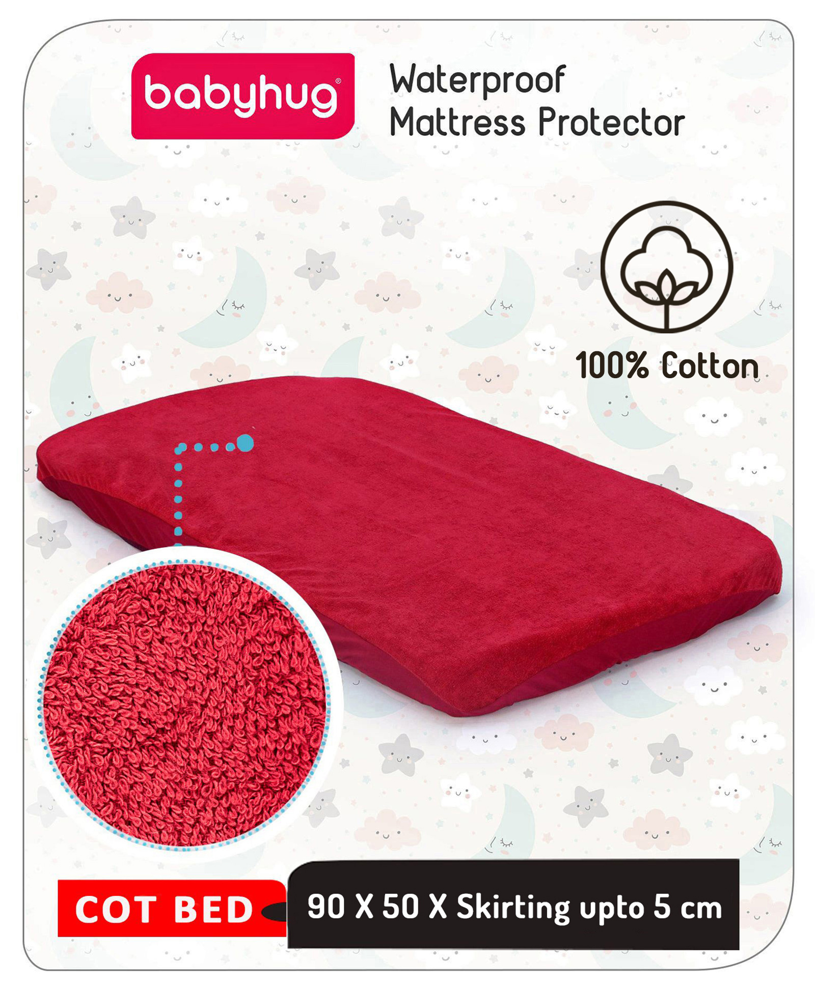 Babyhug Waterproof 100% Terry Cotton Breathable Fitted Mattress Protector Cover - Maroon