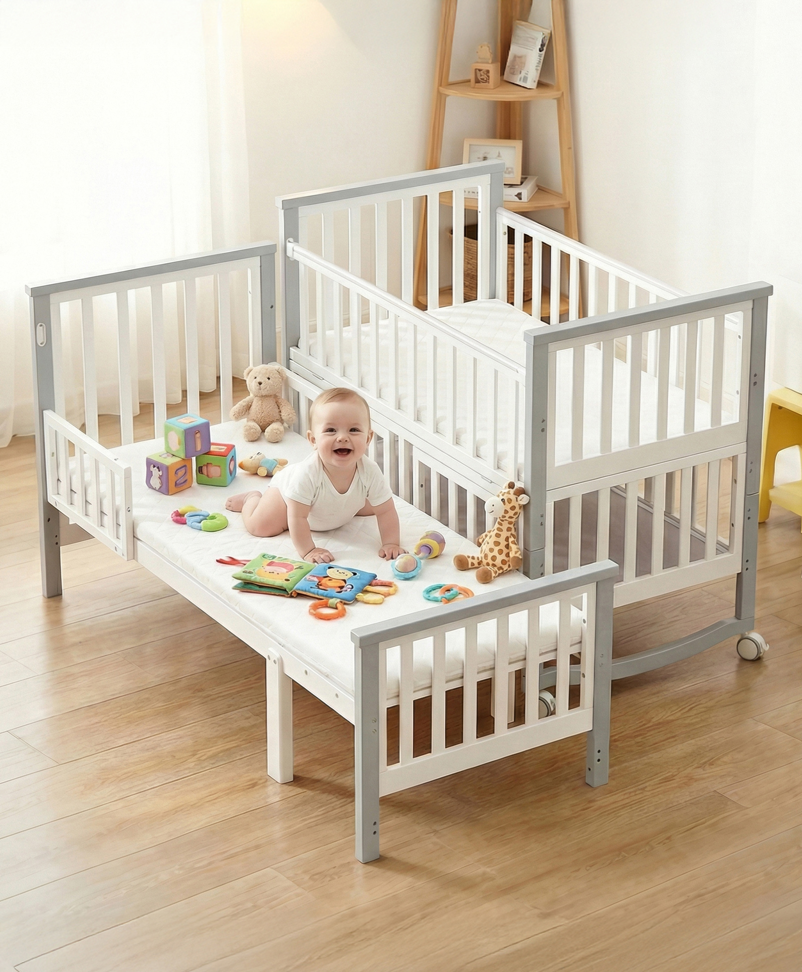 Babyhug Chester 3 in 1 Rocking Cot Cum Junior Bed With Mattress - White-image-13