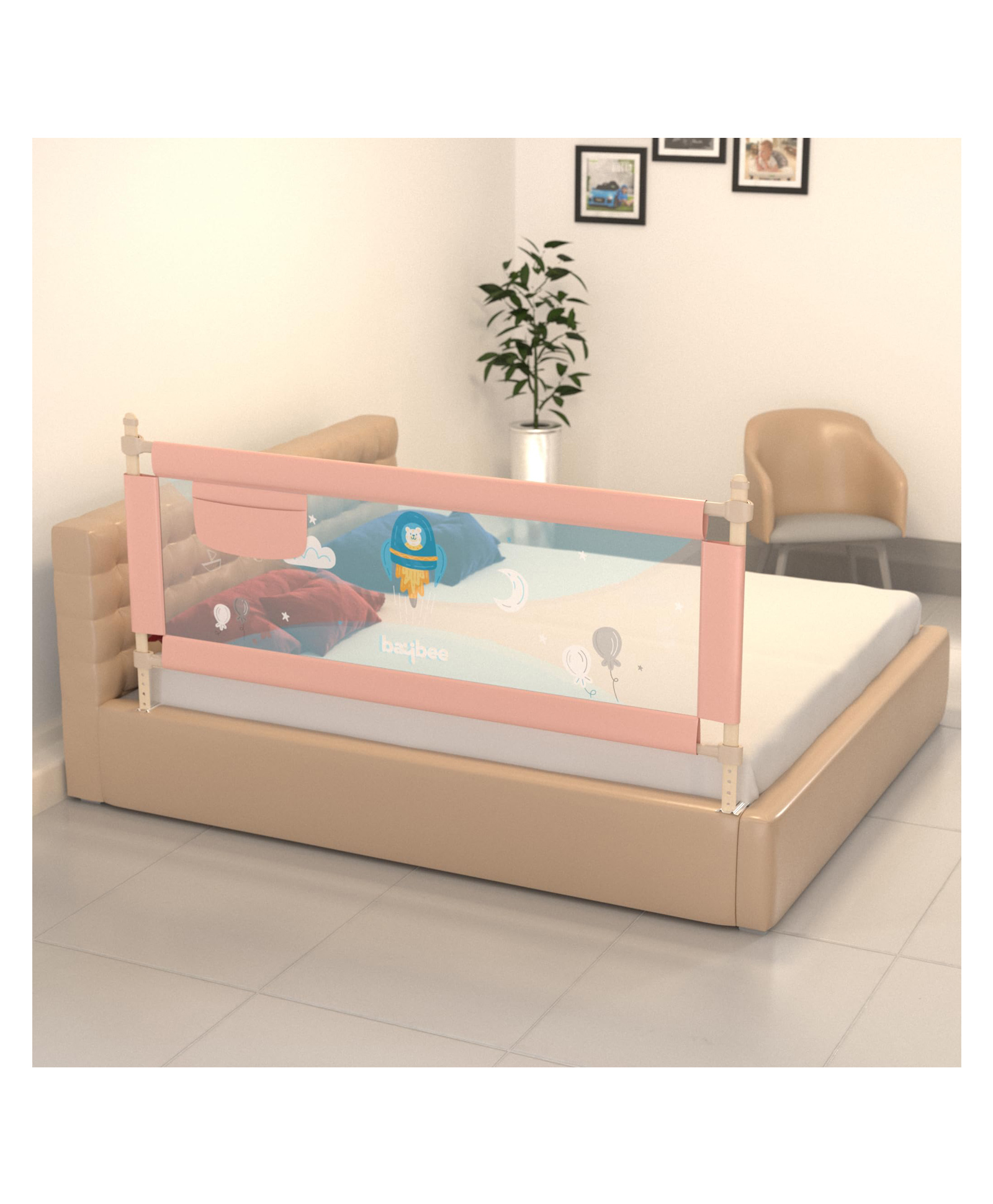 BAYBEE Baby Bed Rails Guard Barrier for Baby Kids Safety, Foldable Bed Rail Falling Protector Fence with 7 Adjustable Height (180x63 cm, Pink) - (Color & Design May Vary)-image-40