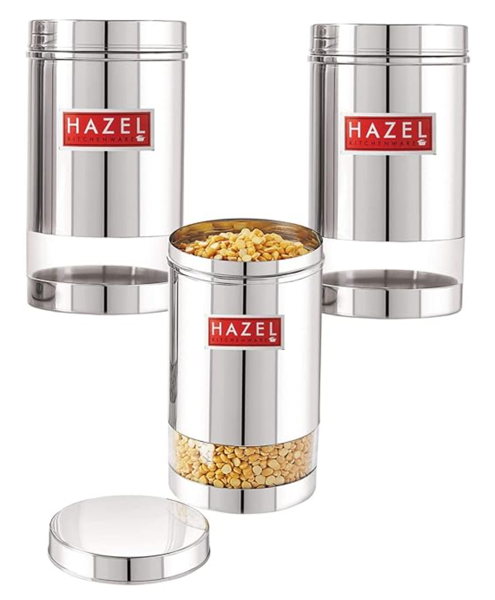 HAZEL Stainless Steel Transparent Glossy Finish See Through Container, Silver, Set of 3, 1200 ml-picture-4