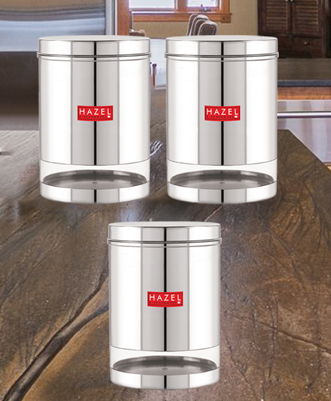 HAZEL Stainless Steel Containers Set For Kitchen Storage Transparent See Through Glossy Finish Storage Jars Dabba, Set of 3, 3000 ml  Each, Silver-image-22
