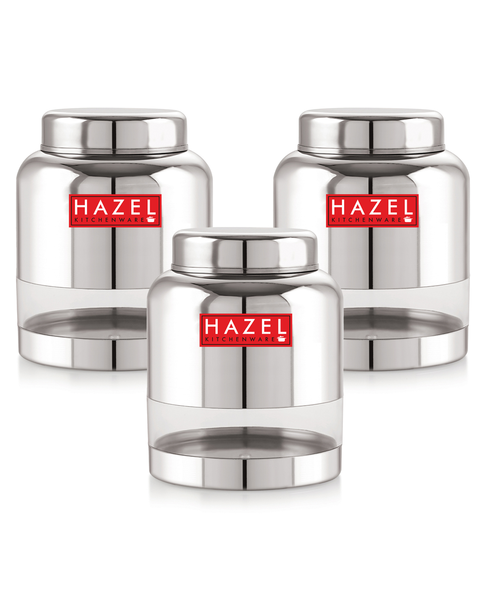 HAZEL Stainless Steel Transparent Container Glossy Finish Airtight See Through Jar Barni Set of 3, 1500 ml, Silver-picture-16