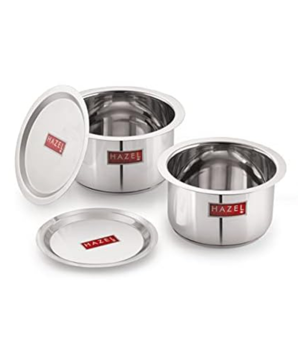 HAZEL Induction Base Tope Stainless Steel Heavy Base Thick Flat Bottom Patila Cookware With Steel Lids Cover Utensil For Kitchen ( 2 Topes & 2 Lids), 4 Pieces-image-43