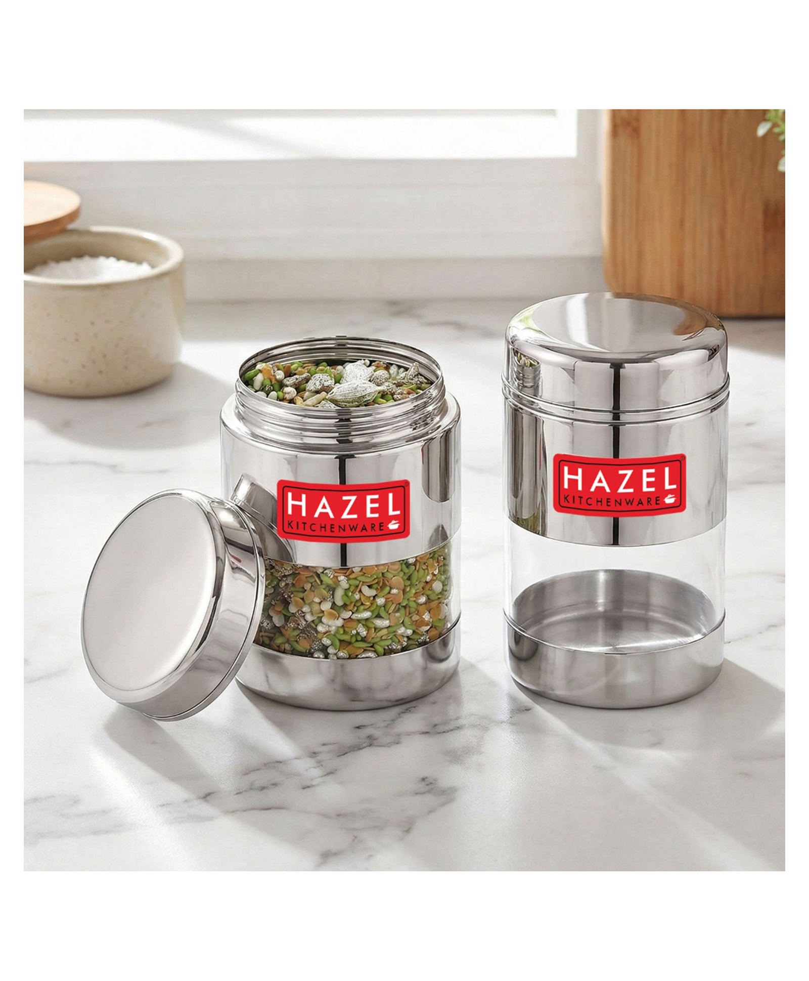 HAZEL Stainless Steel Mukhwas Container | See Through Small Containers for Kitchen Storage Set | Transparent Airtight Jars Set of 2 Pc, 170 ml