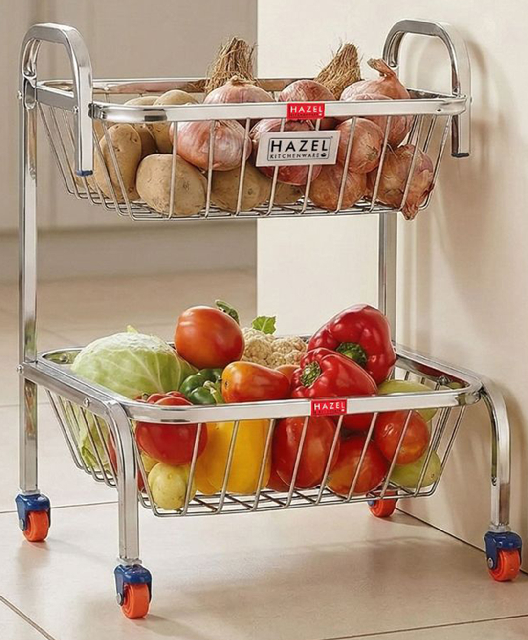 HAZEL Stainless Steel Fruit Vegetable Basket Kitchen Storage Trolley Rack Multi Shelves Stand with Wheel, 2 Layer, 18.2 Inches Height-image-43