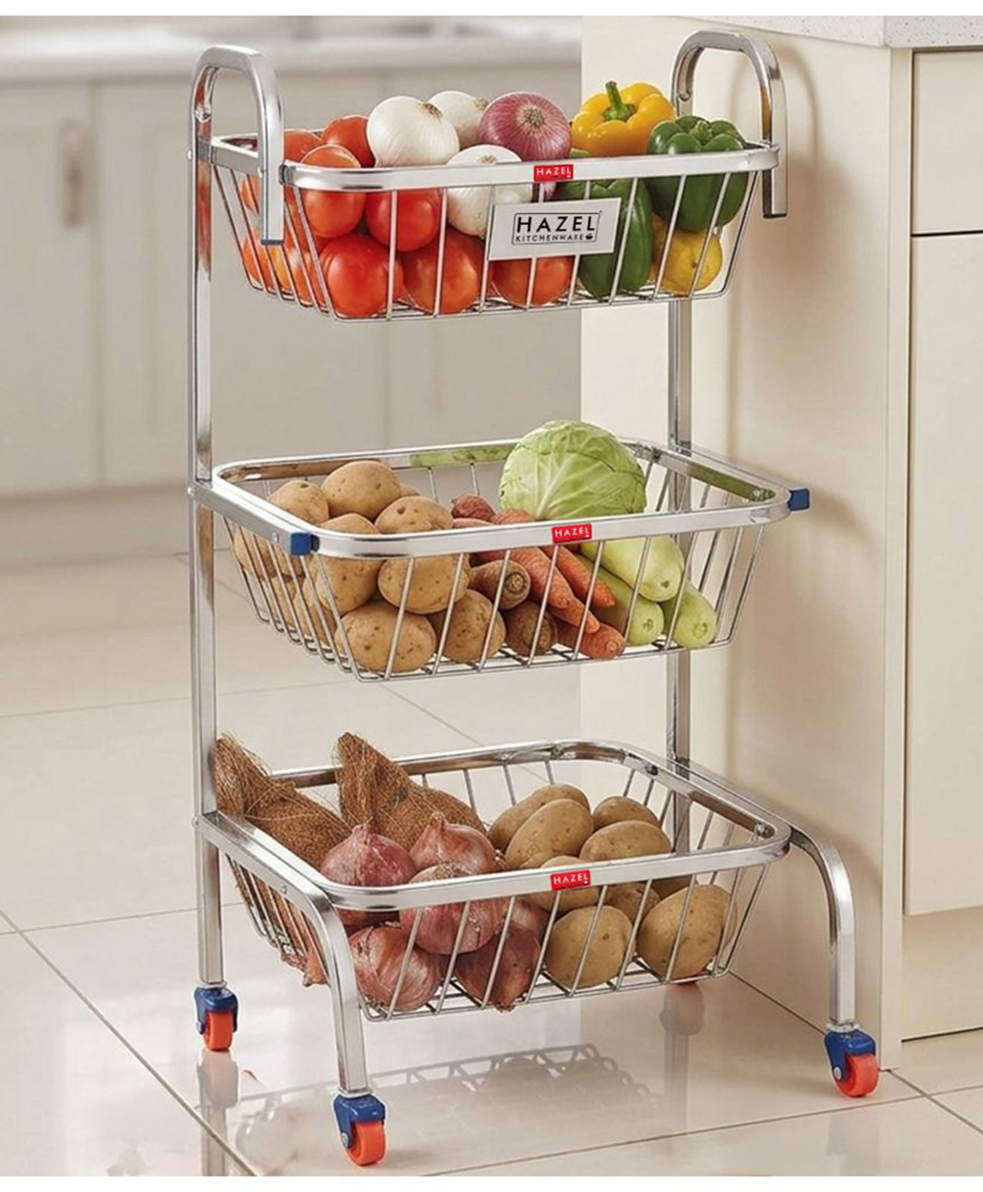 HAZEL Stainless Steel Fruit Vegetable Basket Kitchen Storage Trolley Rack Multi Shelves Stand with Wheel, 3 Layer, 26 Inches Height-image-42