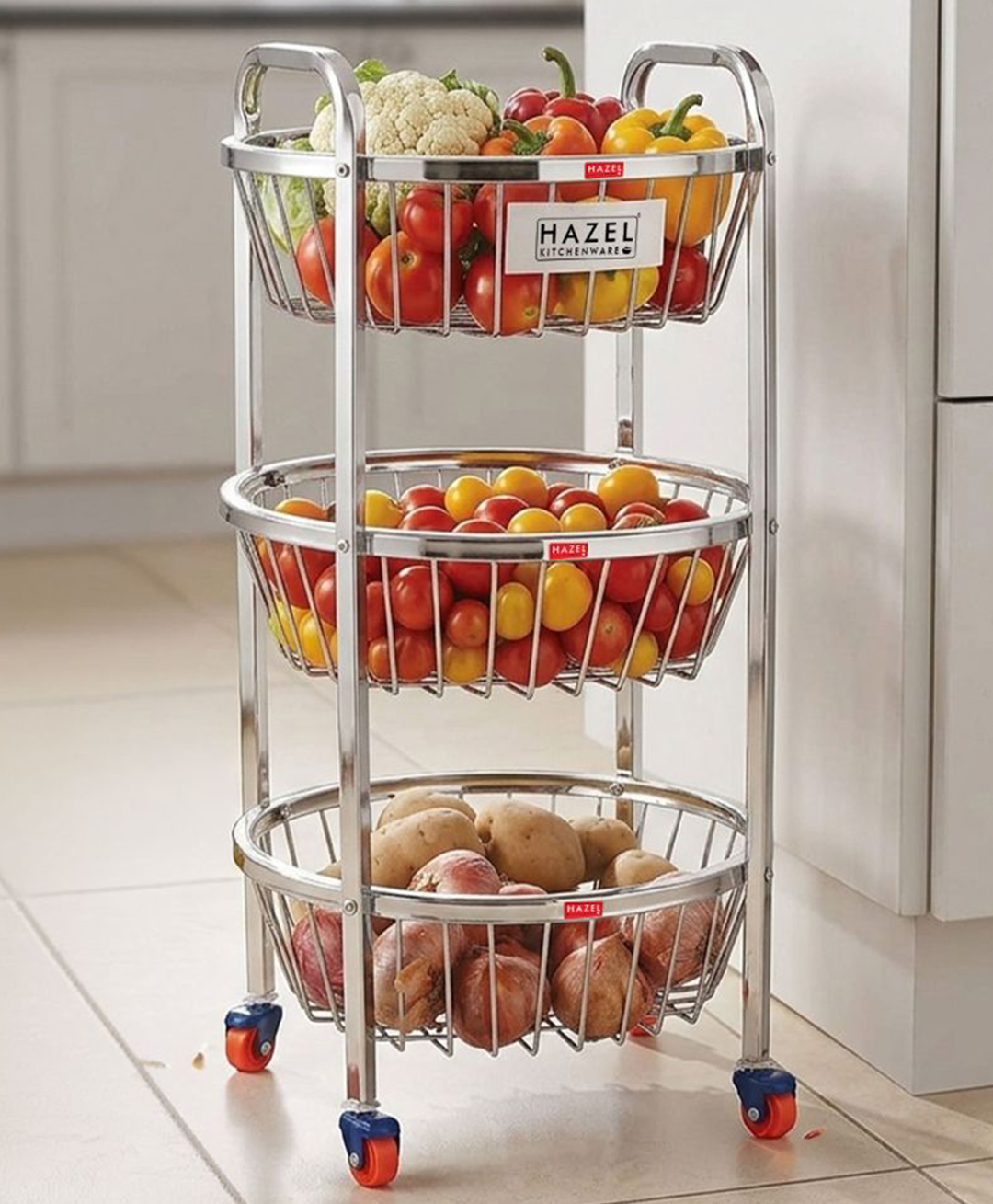 HAZEL Stainless Steel Fruit Vegetable Basket Kitchen Storage Trolley Rack Round Stand with Wheel, 3 Layer, 14.2 x 24.4 Inches-picture-14