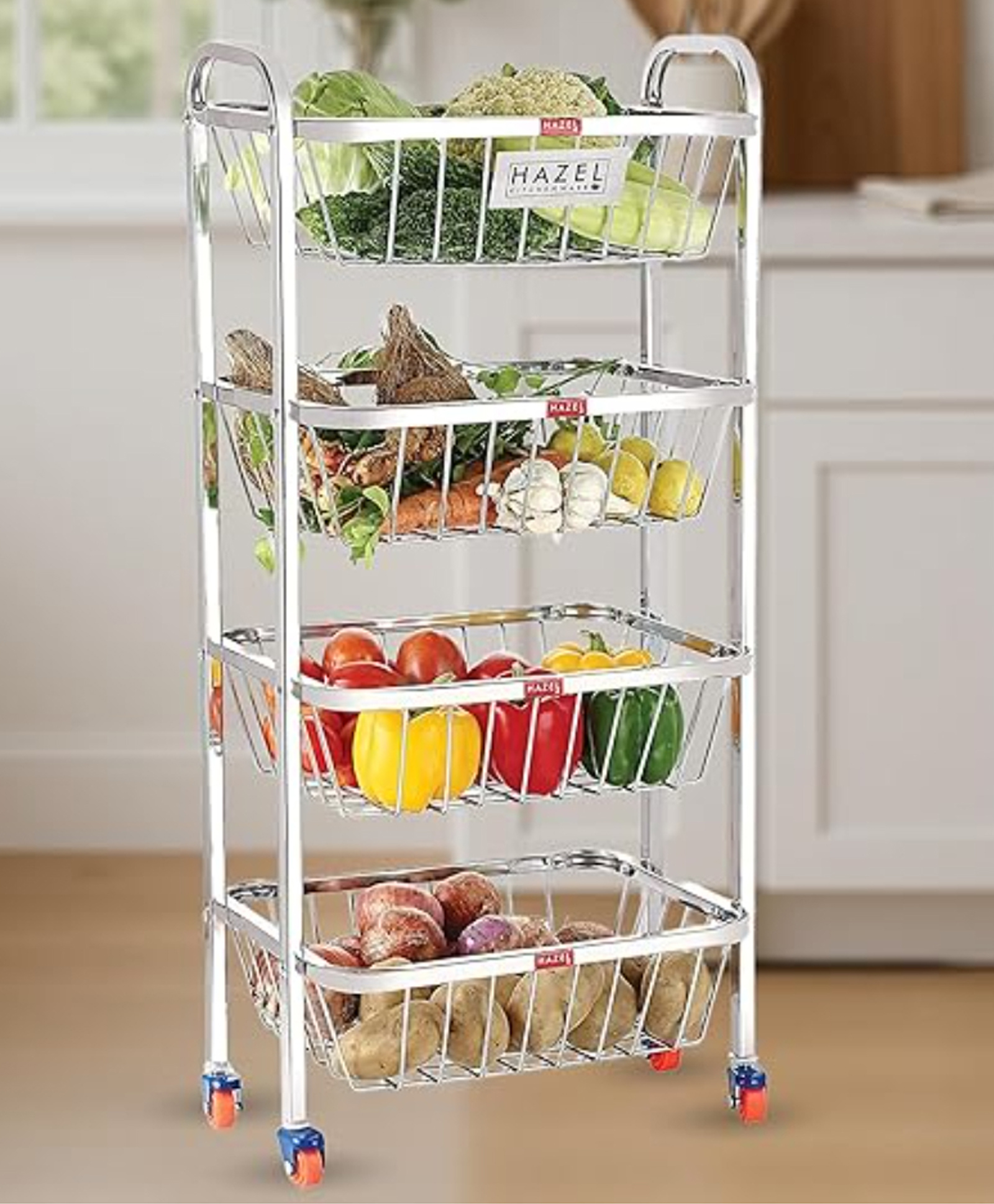 HAZEL Stainless Steel Fruit Vegetable Basket Kitchen Storage Trolley Rack Rectangle Stand with Wheel, 4 Layer, 14 x 32.8 Inches-picture-26