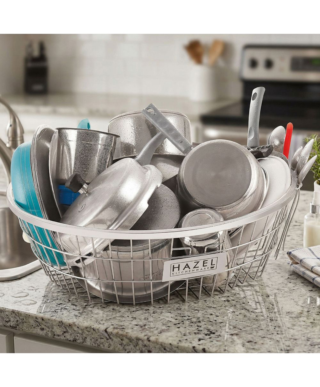 HAZEL Stainless Steel Dish Drainer Bowl Bartan Basket Utensil Drying Rack Round Large Stand for Kitchen-picture-11