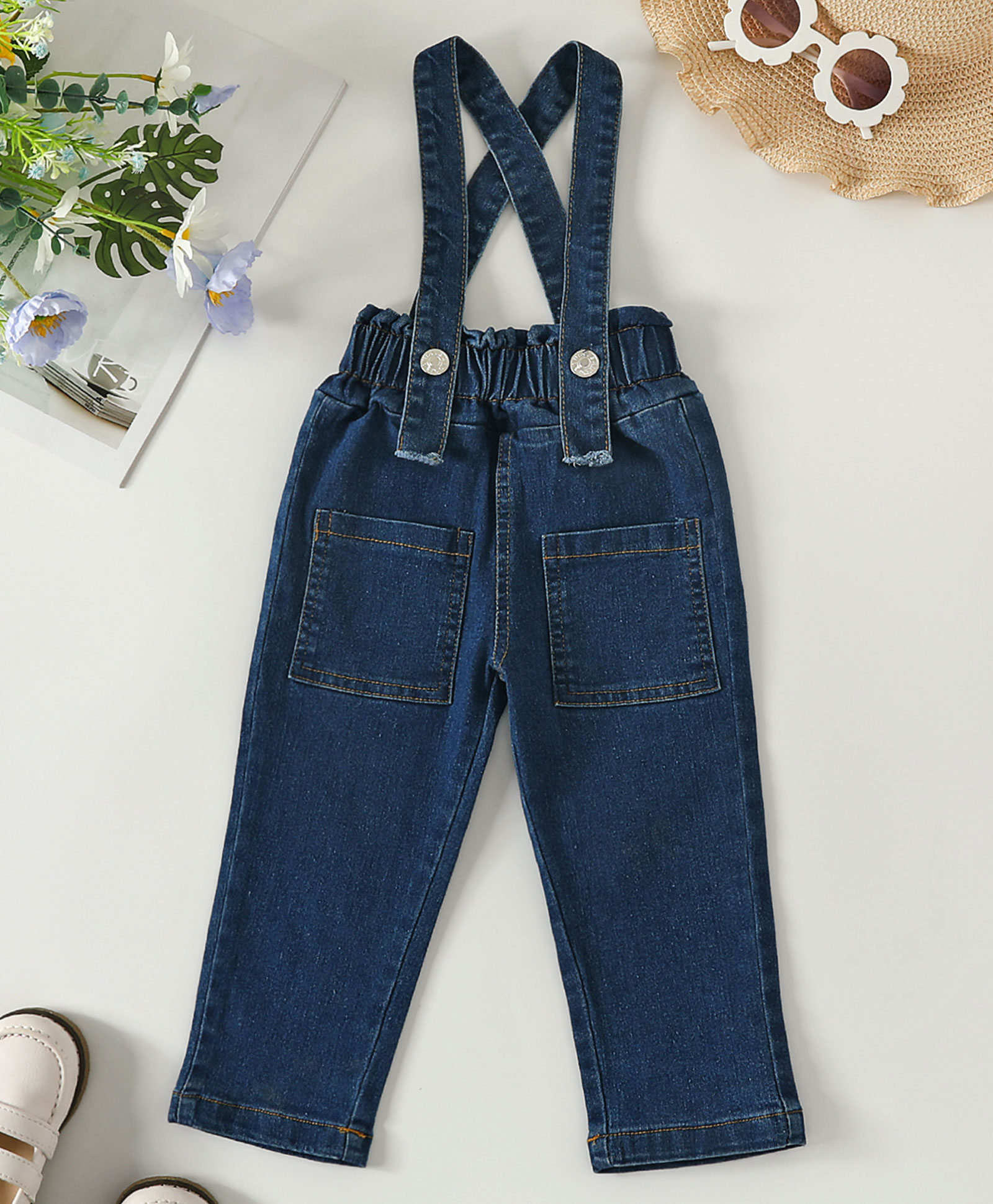 Kookie Kids Full Length Washed Denim Jeans with Suspender - Blue-picture-28