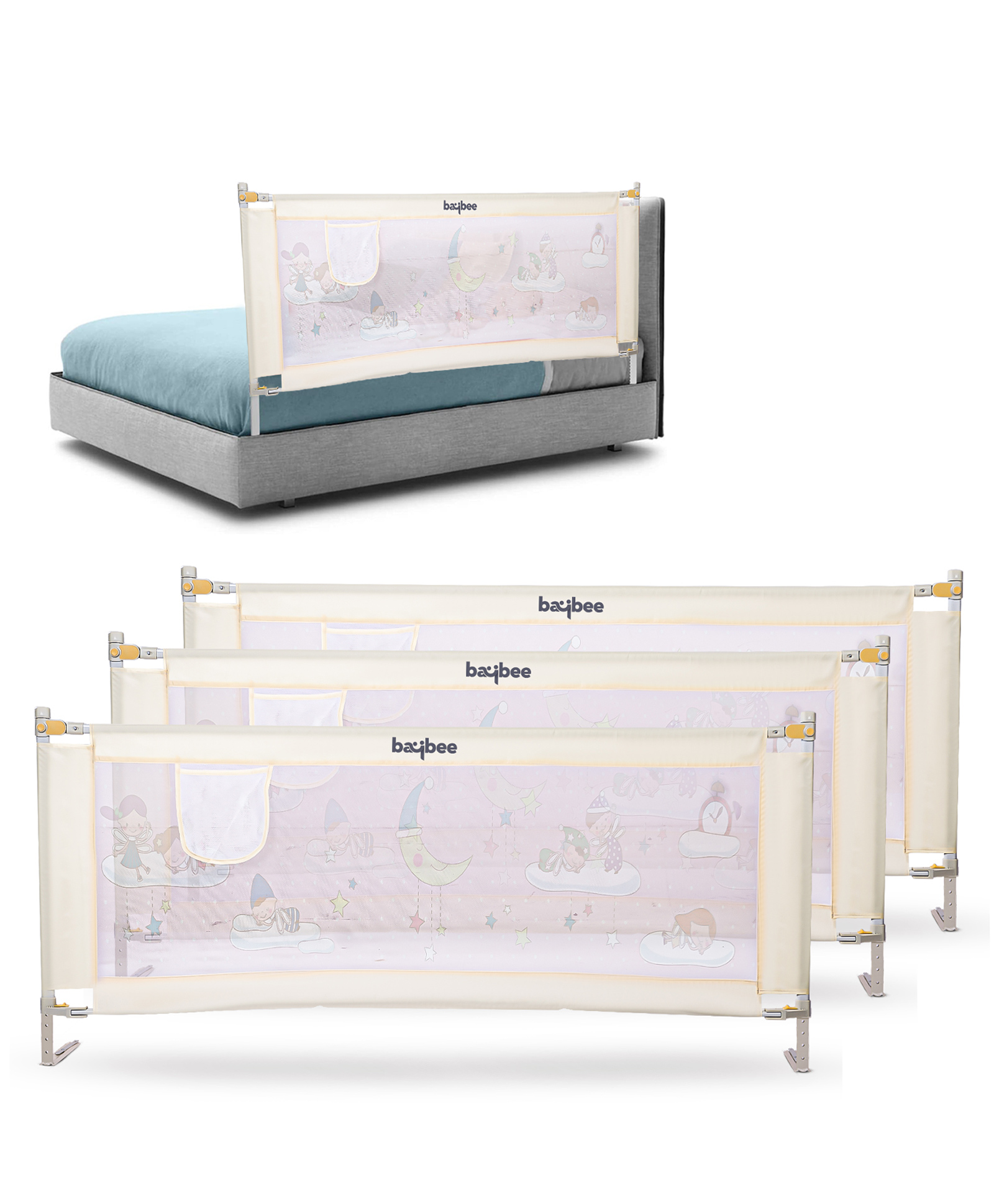 BAYBEE Baby Bed Rails Guard Barrier for Baby Kids Safety, Foldable Bed Rail Falling Protector Fence with 7 Adjustable Height (180x63 cm, (Pack of 3) Beige) - (Color & Design May Vary)-image-15
