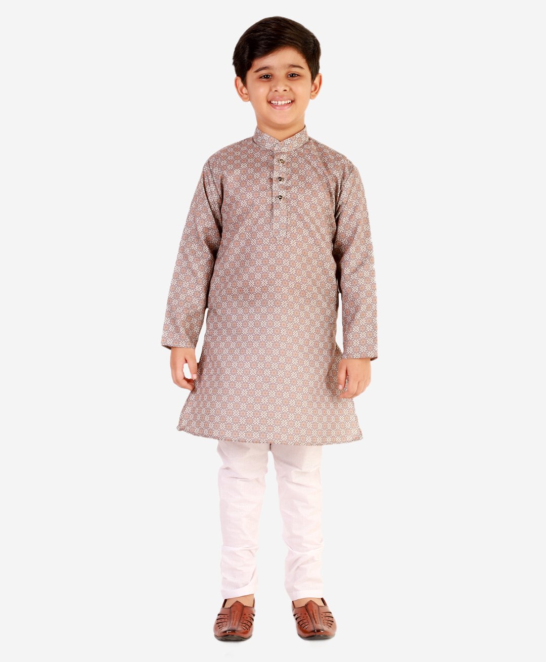 P-MARK Full Sleeves Flower Ethnic Motif Blocks Printed Kurta Pajama Set - Brown-image-22