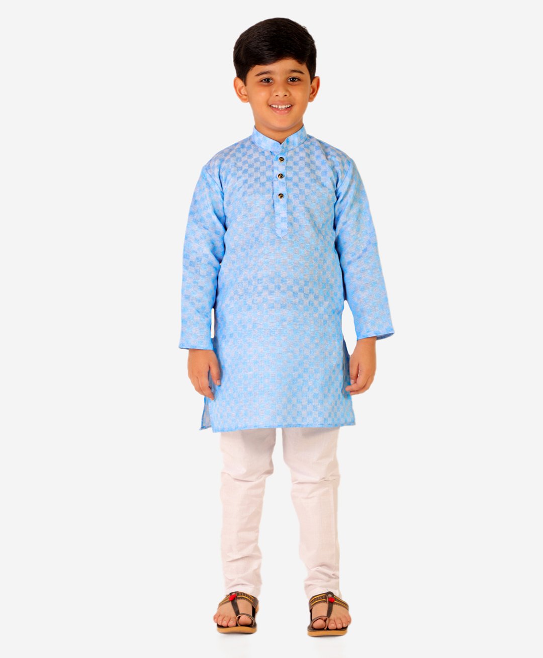 P-MARK Full Sleeves Chessboard Style Checked Kurta Pajama Set - Sky Blue-image-7