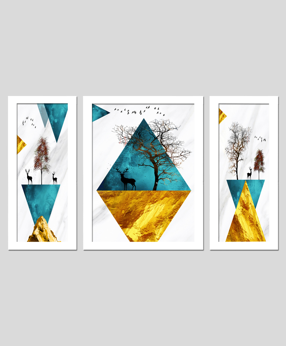 Wens Set Of 3  Mural Modern Deer Wall Art Painting - White-picture-16