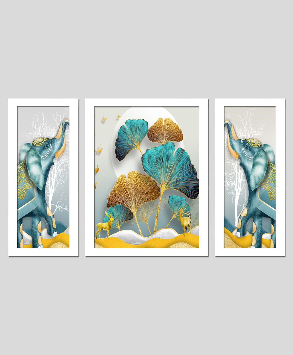 Wens Set Of 3  Feng Shui Elephant with Floral Art  Wall Painting - White-image-46