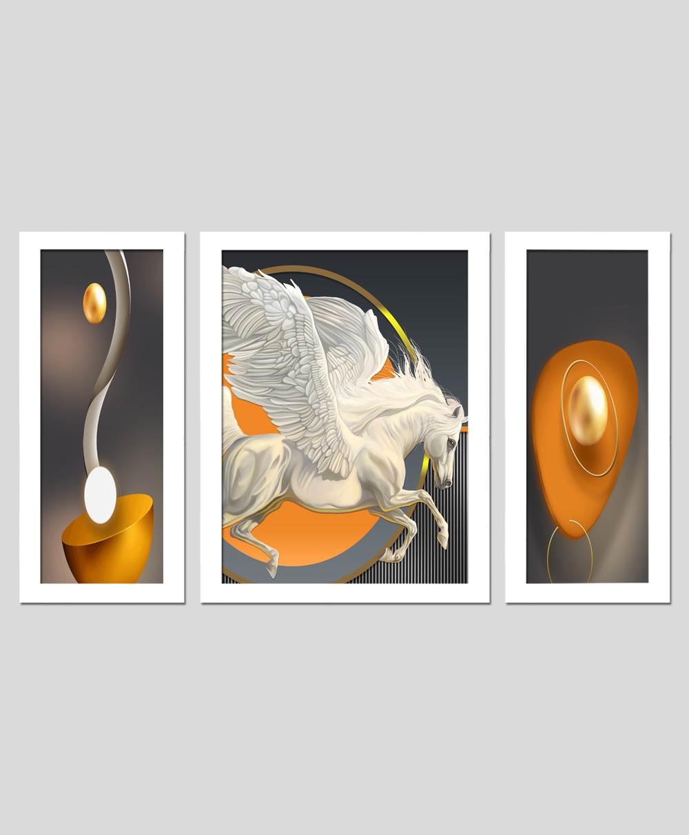 Wens Set Of 3  Vastu Flying Horse Abstract Design Wall Art Painting -White-image-32