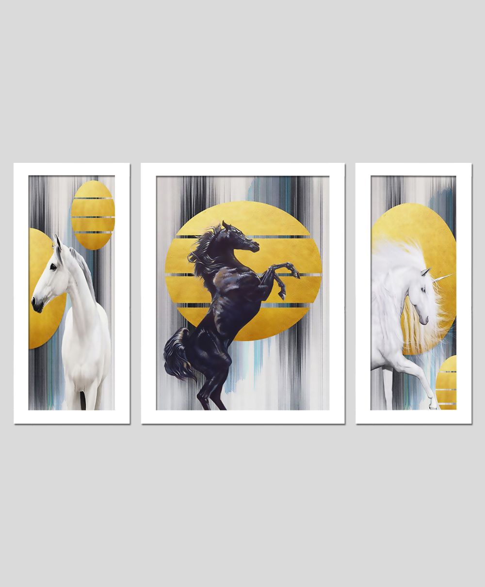 Wens Set Of 3  Vastu Good Luck Horses Wall Art Painting - White-image-10