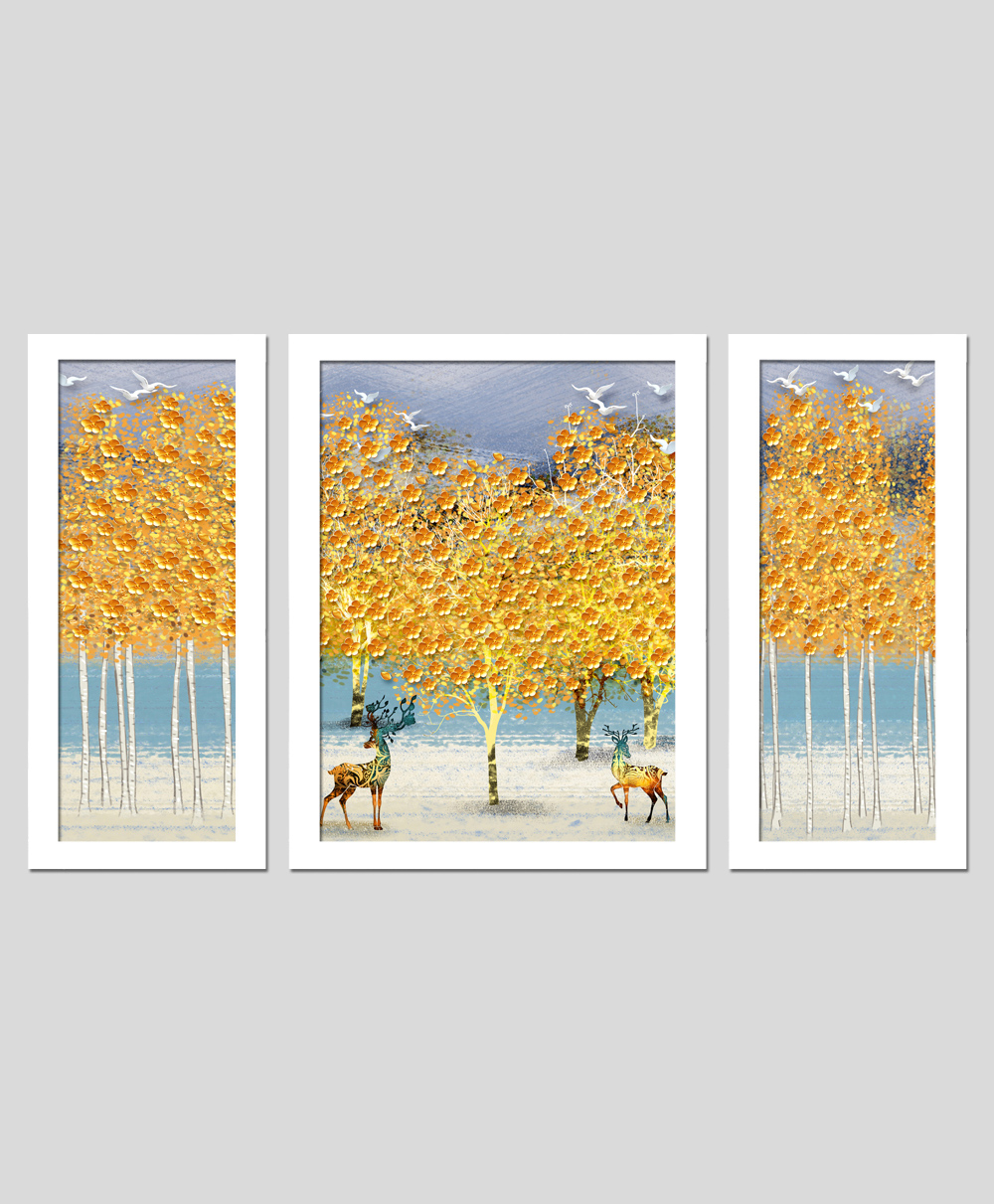 Wens Set Of 3  Reindeer with Flower Blooms Wall Art Painting - White-image-2