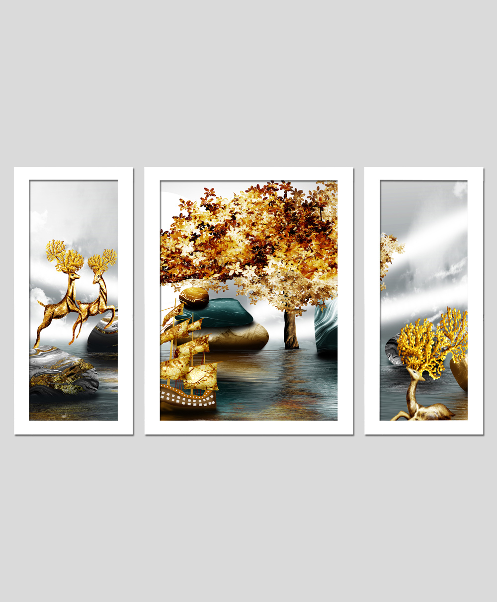 Wens Set Of 3  Fortune Deer In Nature  Wall Art Painting - White-image-17