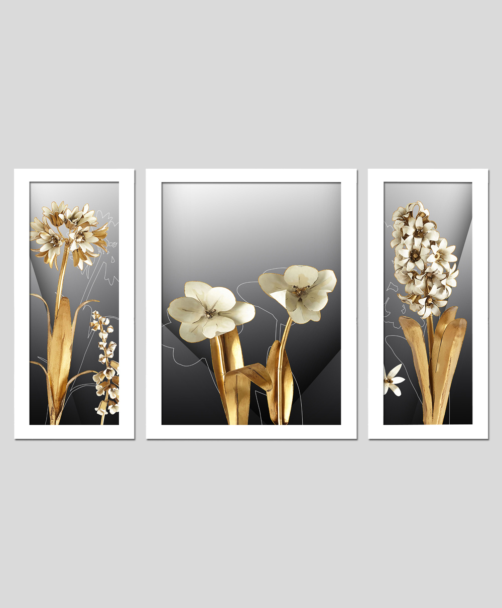 Wens Set Of 3 Golden Flowers Wall Art Painting - White-image-11