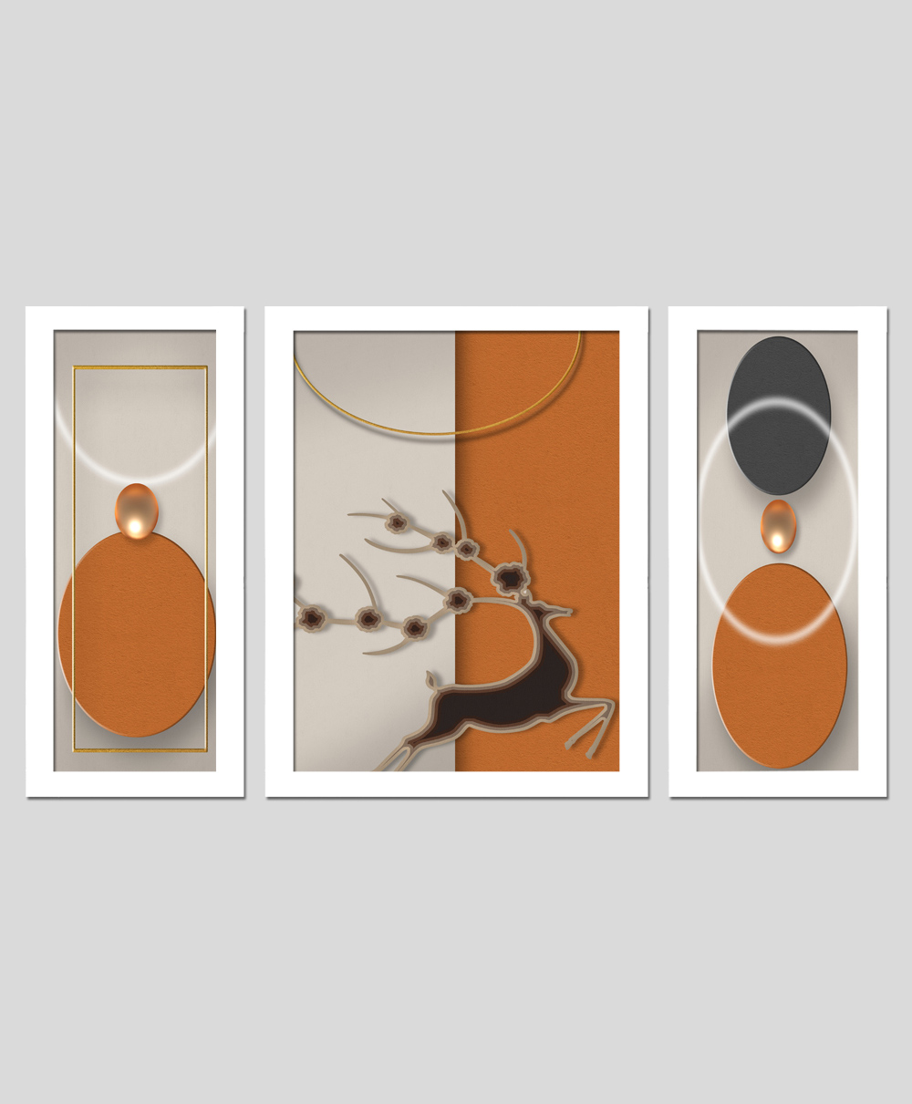 Wens Set Of 3  Fortune Deer Abstarct Wall Art Painting - White-image-47