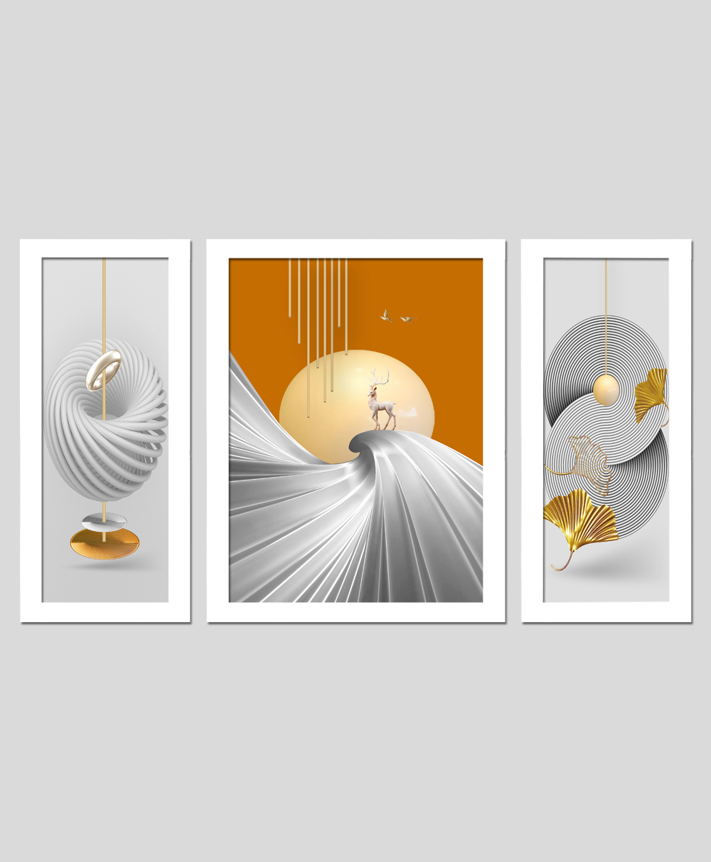 Wens Set Of 3  Modern Deer Abstarct  Wall Art Painting - White-image-46