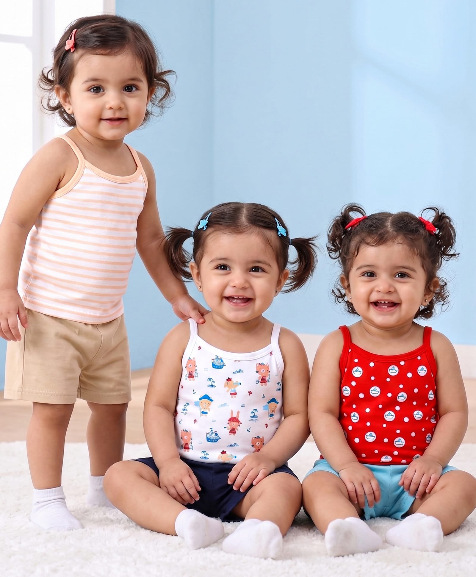 Babyhug 100% Cotton Knit Sleeveless Striped Slips Teddy Print Pack of 3 - Red Pink & White-image-18