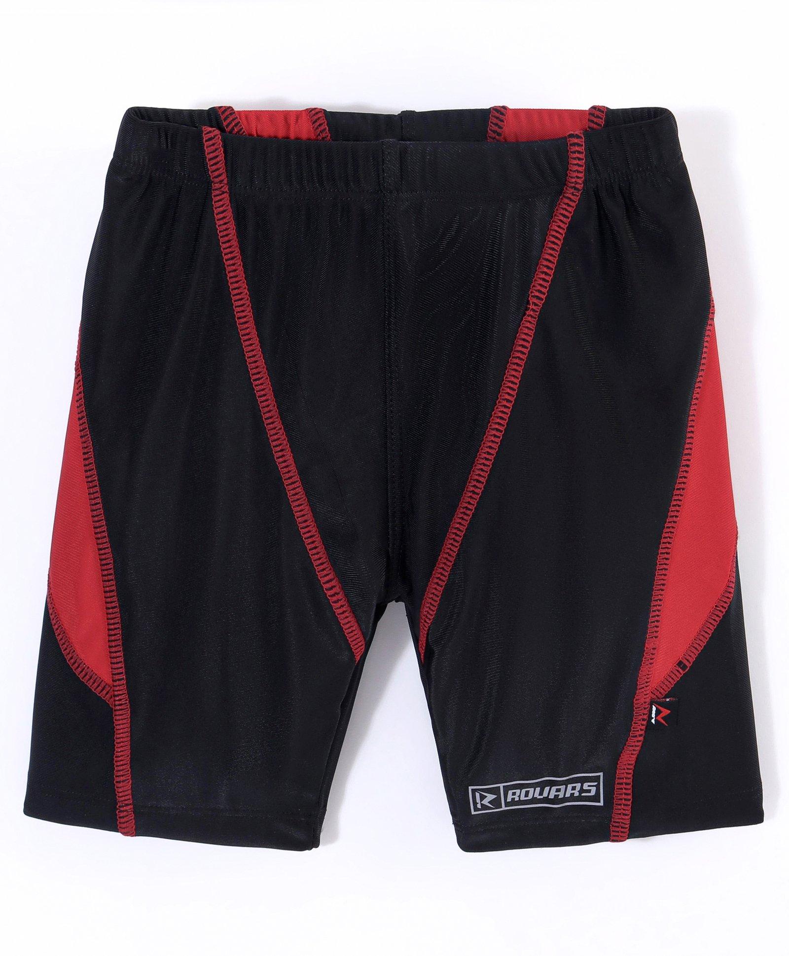 ROVARS Above Knee Length Swimming Trunk Logo Print - Black & Red-image-37