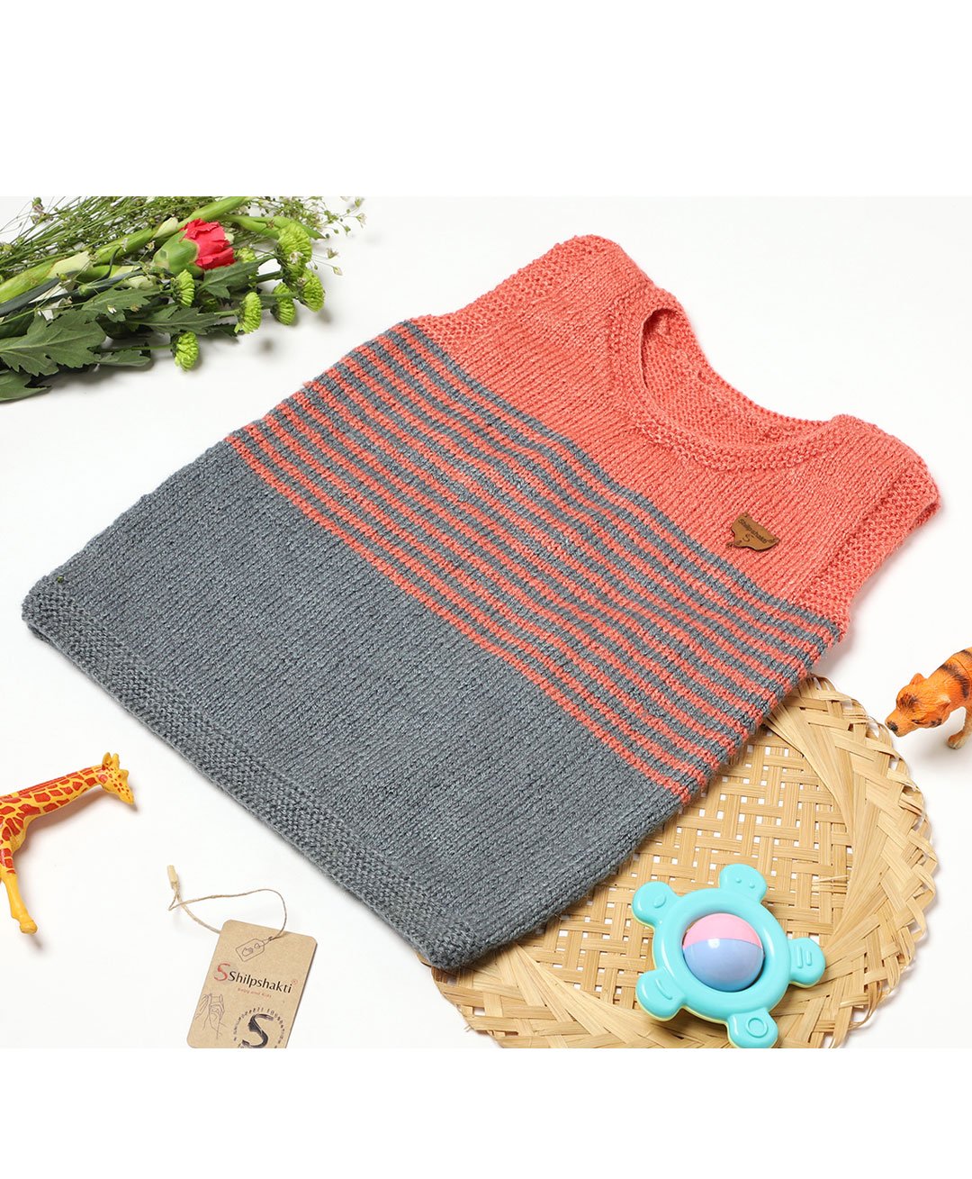 ShilpShakti Sleeveless Colour Blocked Striped Hand Knitted Sweater - Orange & Grey-picture-15