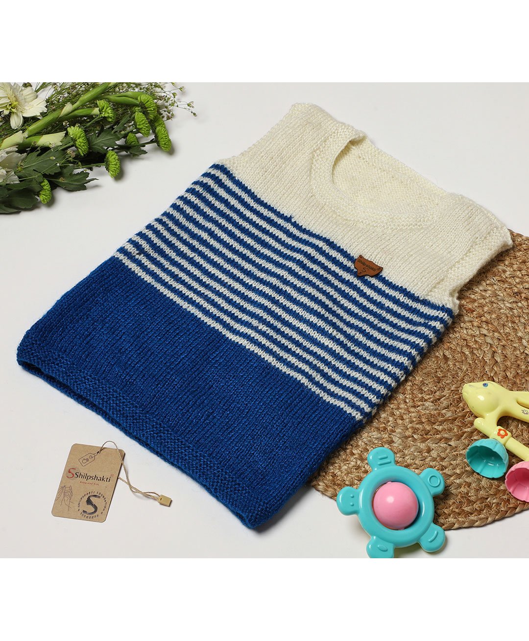 ShilpShakti Sleeveless Colour Blocked Striped Hand Knitted Sweater - Navy Blue & Cream-picture-19