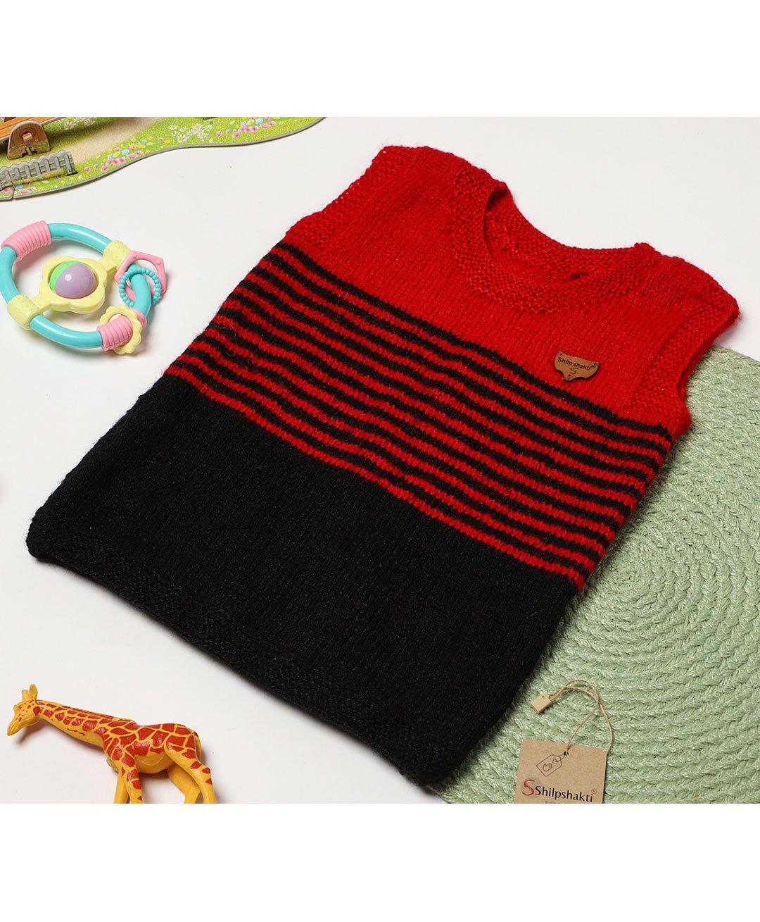 ShilpShakti Sleeveless Colour Blocked Striped Hand Knitted Sweater - Red & Black-image-47