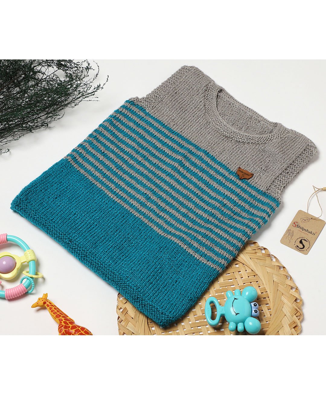 ShilpShakti Sleeveless Colour Blocked Striped Hand Knitted Sweater - Sea Green & Grey-picture-27