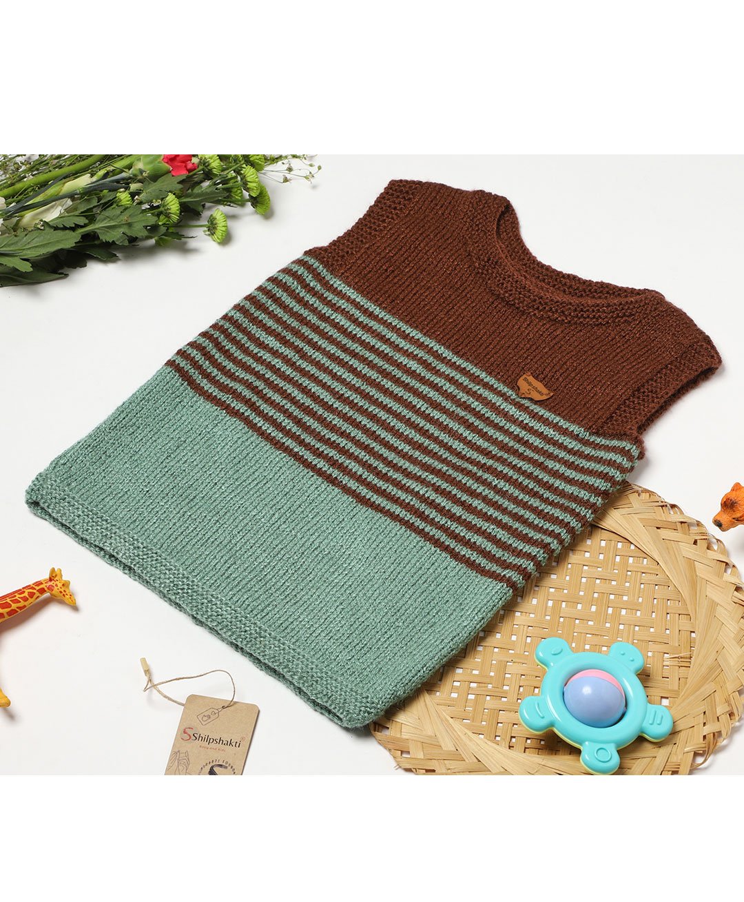 ShilpShakti Sleeveless Colour Blocked Striped Hand Knitted Sweater - Brown & Teal Green-picture-14