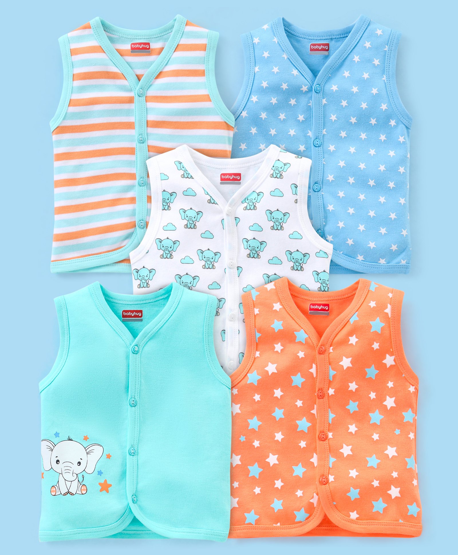 Babyhug 100% Cotton Heart Print Vests Pack of 5 - Multicolor-image-21