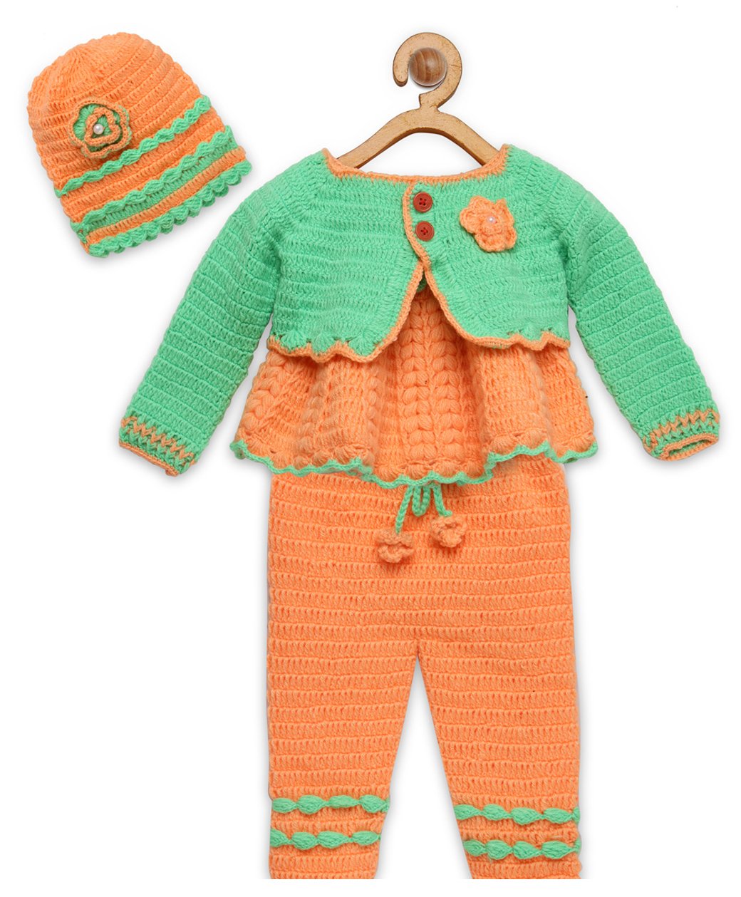 MayRa Knits Hand Knitted Full Sleeves Floral Crochet Embroidered & Tassel Detail Sweater Dress Set -Orange-image-40