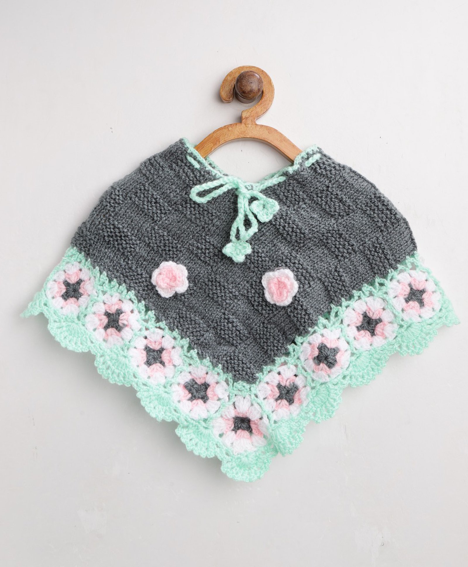 MayRa Knits Full Sleeves Flower Crochet Hand Knitted Poncho Sweater - Grey-picture-23