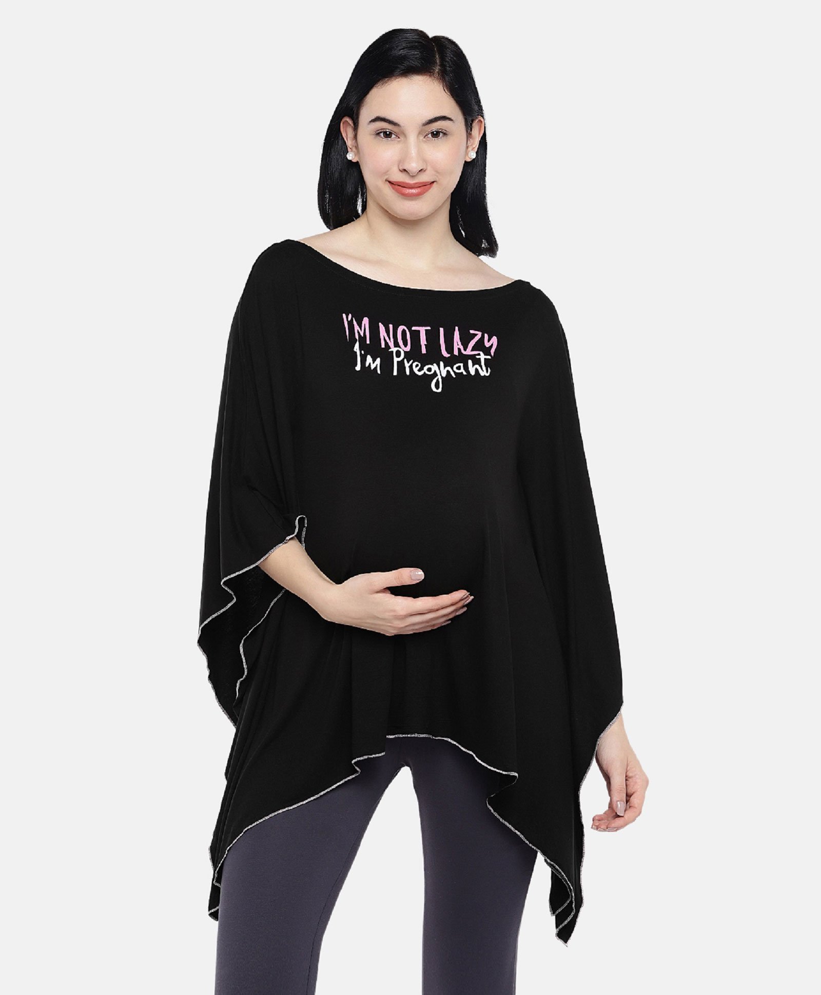 Blush 9 Full Frill Sleeves I Am Not Lazy I Am Pregnant Printed Nursing Poncho Night Wear - Black-picture-4