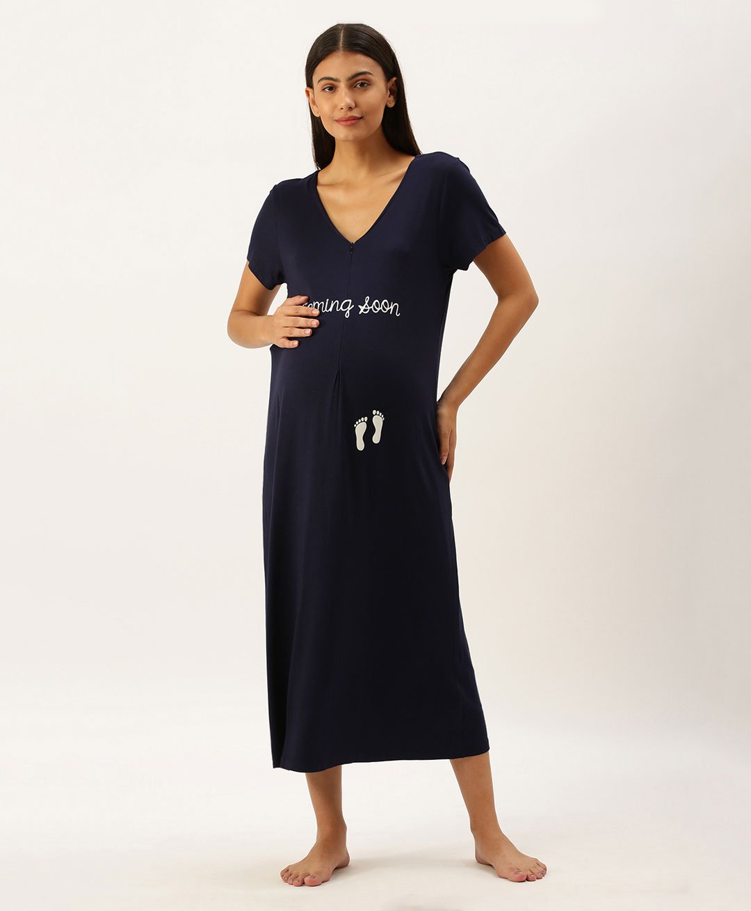 Blush 9 Half Sleeves Coming Soon And Footprints Printed Maternity Nighty - Navy Blue-image-15