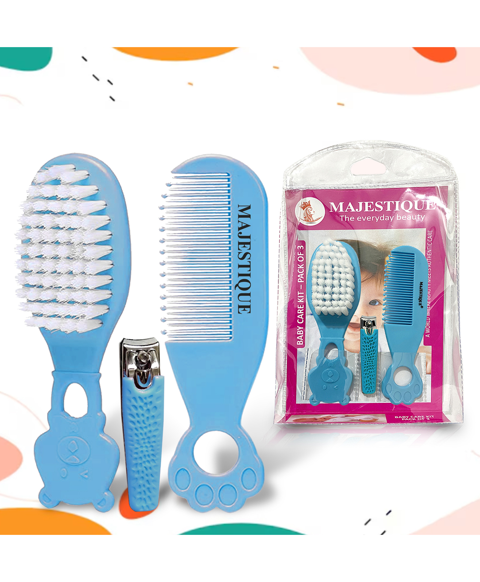 Majestique Baby Hair Brush Comb and Nail Cutter Natural Soft Bristles Gently Grooms Babys Hair Ideal for Baby Grooming Set - Blue-picture-16