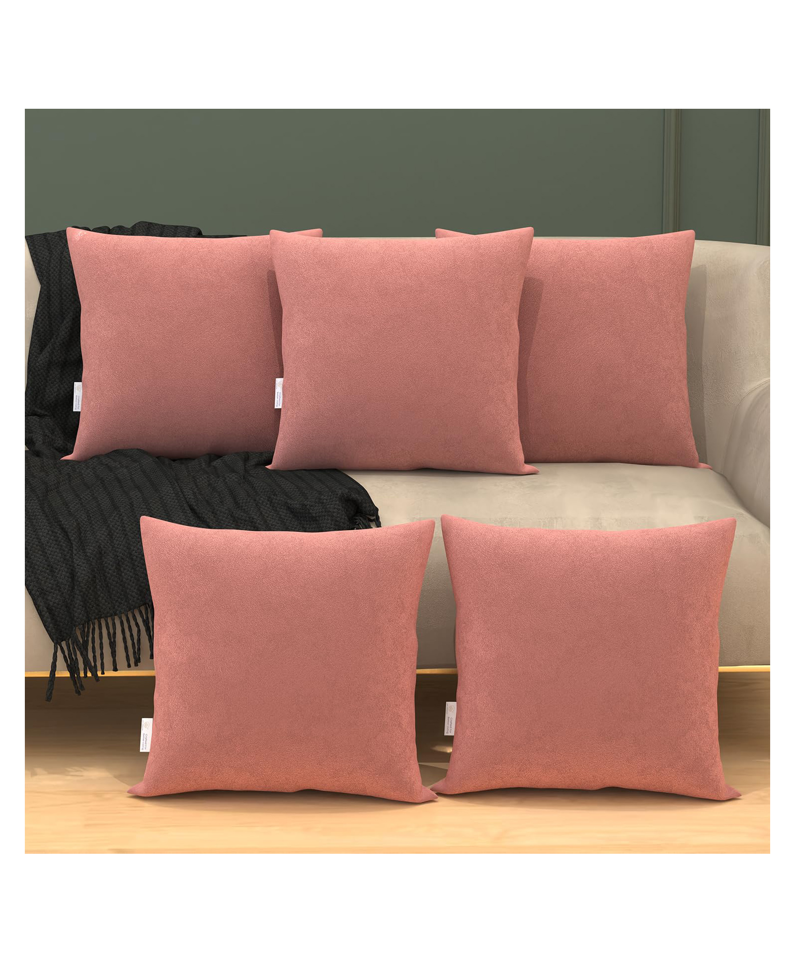 MYARMOR Micro Fibre 12 x 12 inch Square Pillow With Velvet Cover Pack of 5 - Peach-image-6