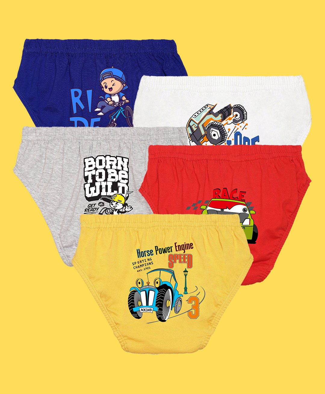 NUSYL Pack Of 5 Ride And Tractor Printed Briefs - White Red Yellow Grey Royal Blue-image-44
