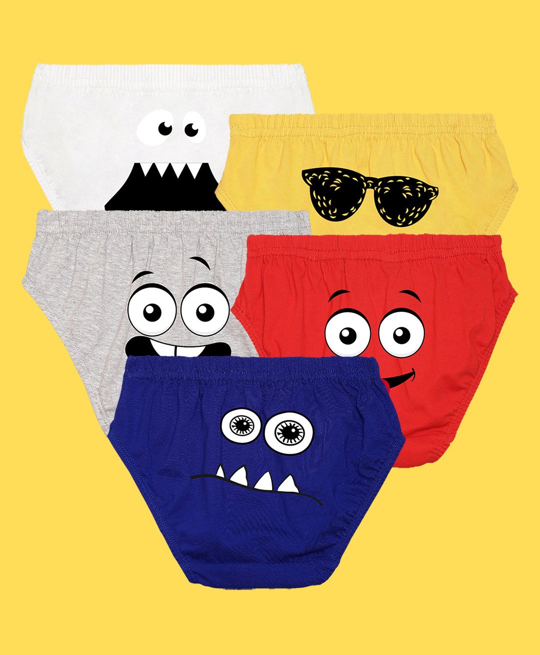 NUSYL Pack Of 5 Monster Emoticons With Sunglasses Printed Briefs - White Red Yellow Grey & Royal Blue-picture-15